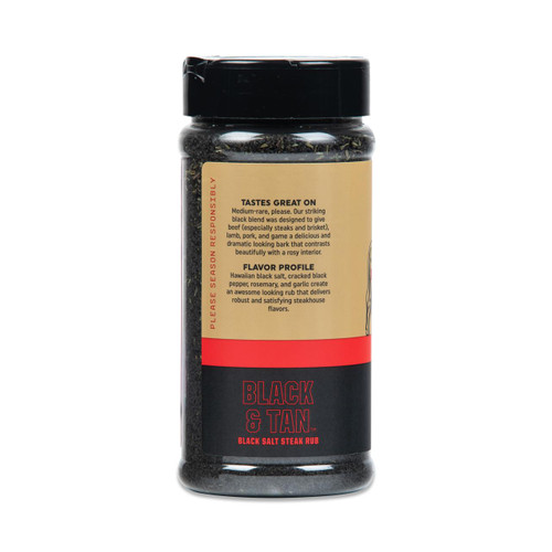 Fire & Smoke Society F&S | BLACK AND TAN SEASONING BLEND 13.6 OZ, a jar of black and tan seasoning rub with a black lid and beige label detailing flavor profile and usage