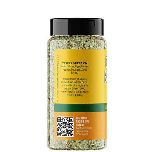 Fire & Smoke Society F&S Onion Butter All Purpose Blend 9.2 oz, spice blend with yellow label and black lid, featuring recipe tips and QR code.