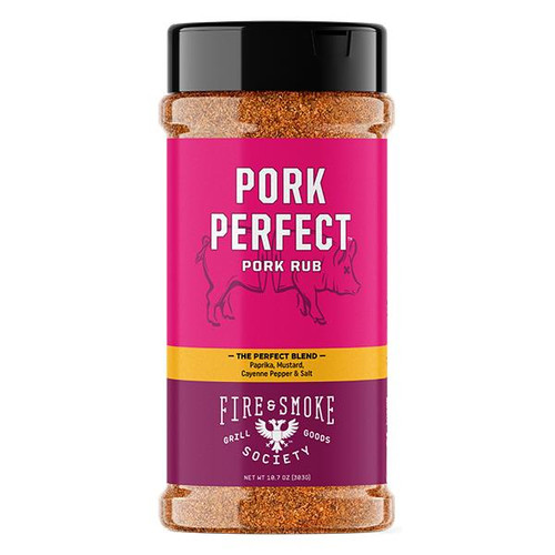 Fire & Smoke Society F&S | Pork Perfect Spice Rub 10.7 oz, pink spice rub container with a black lid and a label indicating pork rub and the blend of paprika, mustard, cayenne pepper, and salt.