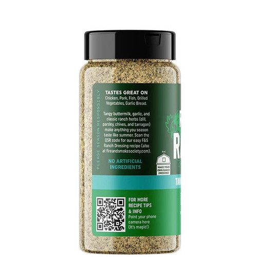 Fire & Smoke Society F&S | RODEO RANCH CHICKEN RUB 9.5 OZ, image of a spice jar with a green label detailing ingredients and usage tips.