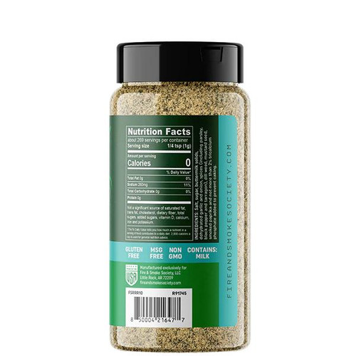 Fire & Smoke Society F&S | RODEO RANCH CHICKEN RUB 9.5 OZ, clear plastic jar with black lid, containing seasoned chicken rub, front view.