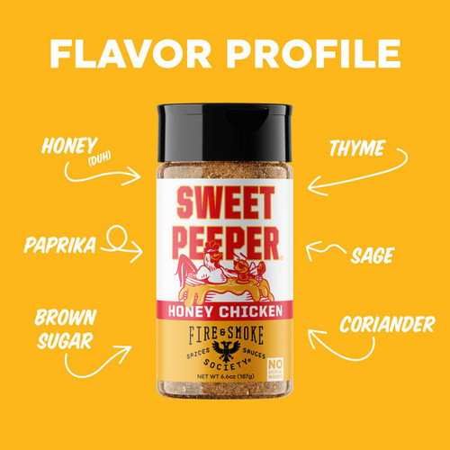 Fire & Smoke Society F&S | SWEET PEEPER HONEY CHICKEN RUB 12.5 OZ, an image of a spice jar with a label displaying the product name and flavor, surrounded by flavor profile annotations.