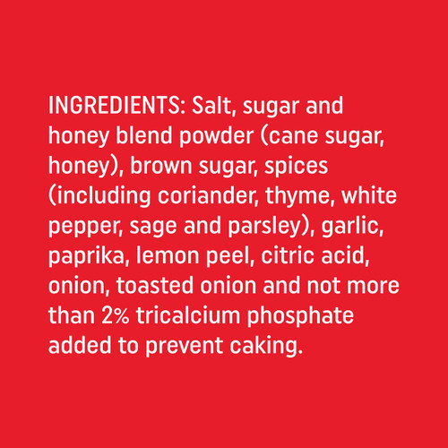 Fire & Smoke Society F&S | Sweet Peeper Honey Chicken Rub 12.5 oz, labeled container with ingredients for sweet honey chicken rub on red background.