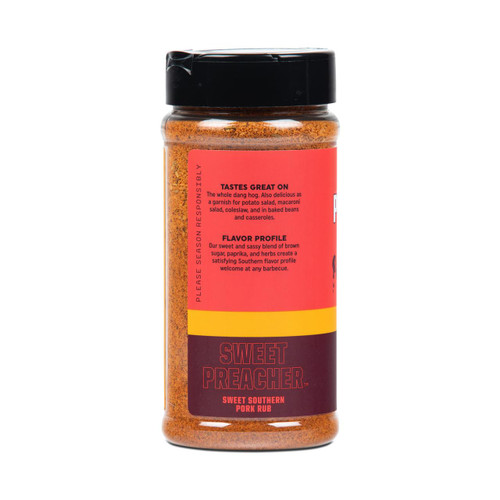 Fire & Smoke Society F&S Sweet Preacher Pork Rub 11.9 oz, bottle of spice with red and yellow label displaying product details.