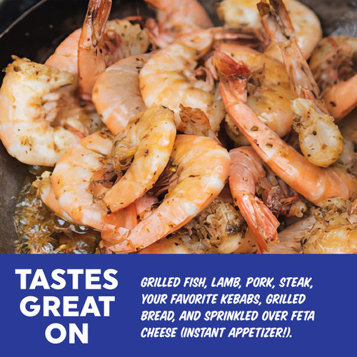 Fire & Smoke Society F&S The Greek 4.7 OZ, image of grilled shrimp in a skillet with herbs and seasonings.