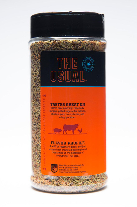 Fire & Smoke Society F&S | The Usual All-Purpose Spice 10.7 oz, a clear plastic jar filled with a colorful blend of spices with a black lid and a black and orange label.