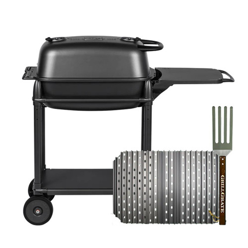GrillGrate® for The Original & PK300 Grill, a black grilling accessory with a slotted metal surface and a long-handled spatula.