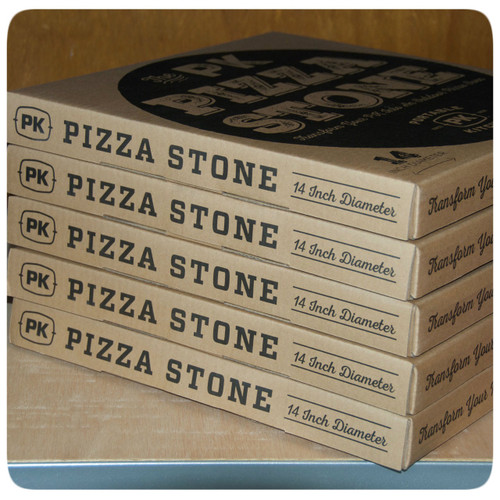 PK Grills PK Pizza Stone, stack of four 14 inch diameter pizza stones in cardboard boxes.