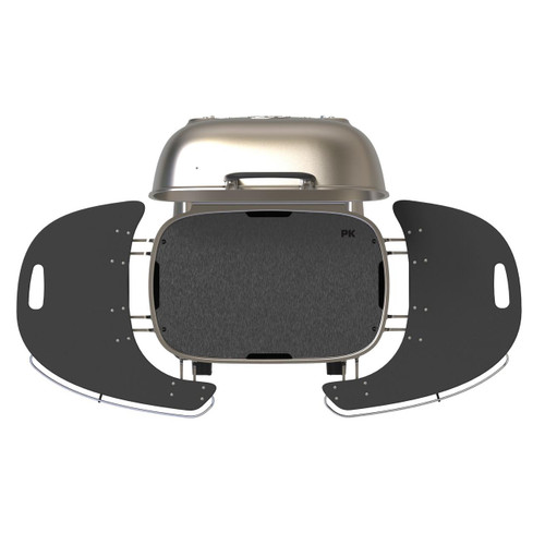 PK Grills PK360 Carbon Steel Griddle, flat cooking surface with foldable side shelves and an attached lid for versatile outdoor grilling and cooking.