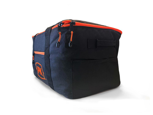 PK Grills PKGO Carrying Bag, Durable black and orange carrying case with multiple zippered compartments for portable grilling equipment.