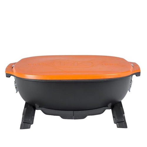 PK Grills PKGO Hibachi, portable charcoal grill with orange lid and black body, compact and versatile outdoor cooking appliance.
