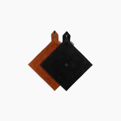 PK Grills Suede Leather Hot Pad - Black, and brown heat-resistant hot pads with hanging loops for kitchen safety and oven handling.
