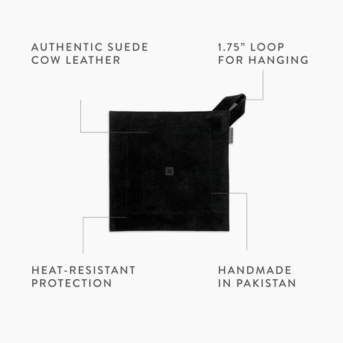 PK Grills Suede Leather Hot Pad - Black, image showing a black suede leather hot pad with a 1.75-inch hanging loop and handmade in Pakistan.