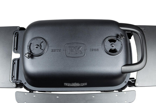PK Grills The All New Original PK300AF Grill & Smoker - Coal, close-up view of the black charcoal grill with the PK logo and control knobs on top.