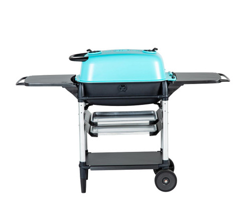 PK Grills The All New Original PK300AF Grill & Smoker - Teal, modern teal-colored portable grill with side shelves and wheels for easy mobility.