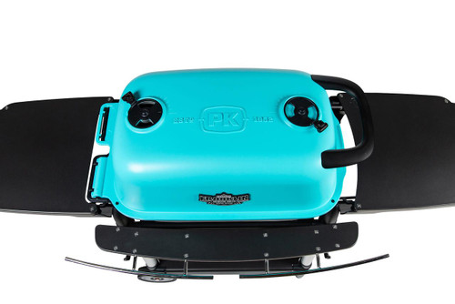 PK Grills The All New Original PK300AF Grill & Smoker - Teal, teal-colored portable grill and smoker with black sides, handle, and footrest.