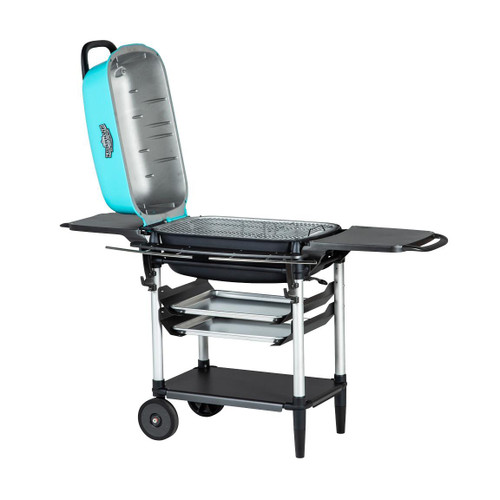 PK Grills The All New Original PK300AF Grill & Smoker - Teal, a portable outdoor grill and smoker with a teal blue lid, stainless steel cooking grate, side shelves, and a black and silver display.
