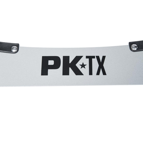 PK Grills The Original PKTX Grill & Smoker - Classic Silver, close-up of the grill's metallic surface with the product name in bold black letters with a star symbol in between.