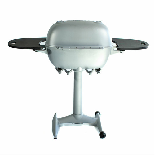 PK Grills The PK360 Grill & Smoker - Classic Silver, a portable silver charcoal grill and smoker with side tables and adjustable height on a wheeled stand.