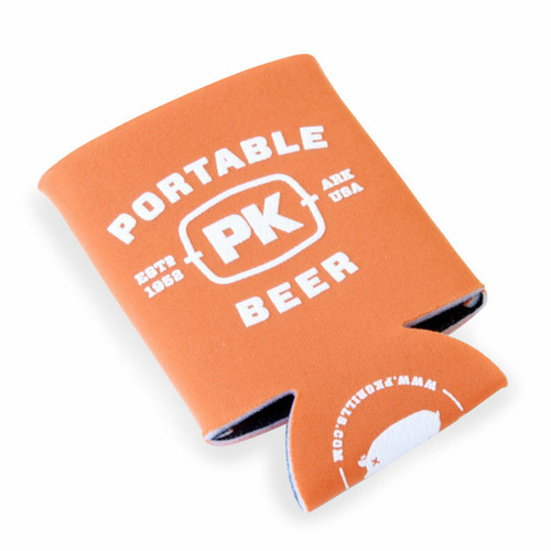 Portable Beer Drink Koozie, set of 2, orange insulated can cooler sleeves with white text and logo designed to keep beverages cold.